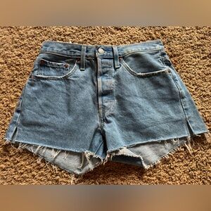 Levi’s Button Fly High-Rise Cutoff Denim Shorts — Raw Hem — Medium Blue